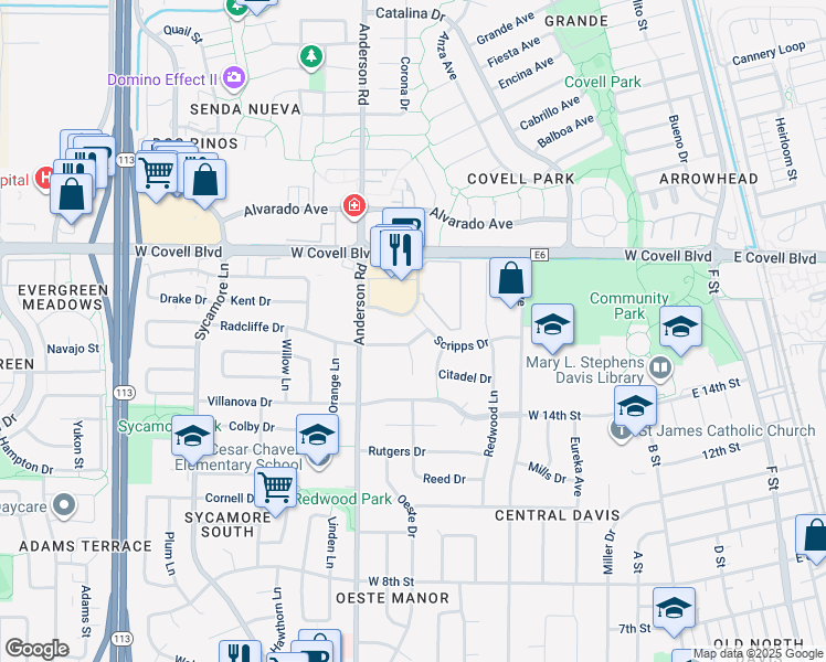 map of restaurants, bars, coffee shops, grocery stores, and more near 1801 Hanover Drive in Davis
