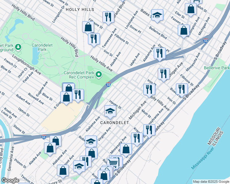 map of restaurants, bars, coffee shops, grocery stores, and more near 6609 Idaho Avenue in St. Louis