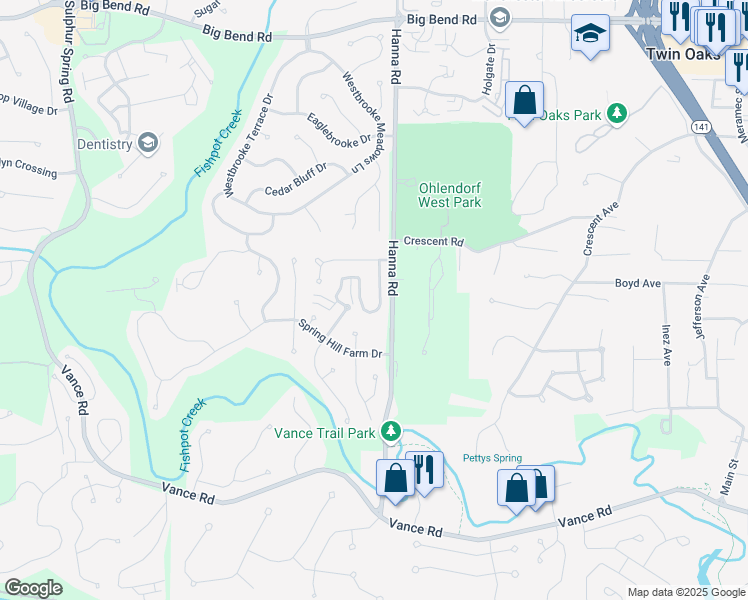 map of restaurants, bars, coffee shops, grocery stores, and more near 1408 Whispering Creek Drive in Ballwin