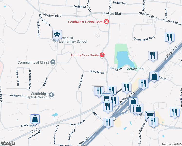 map of restaurants, bars, coffee shops, grocery stores, and more near 1910 Cedar Hill Rd in Jefferson City
