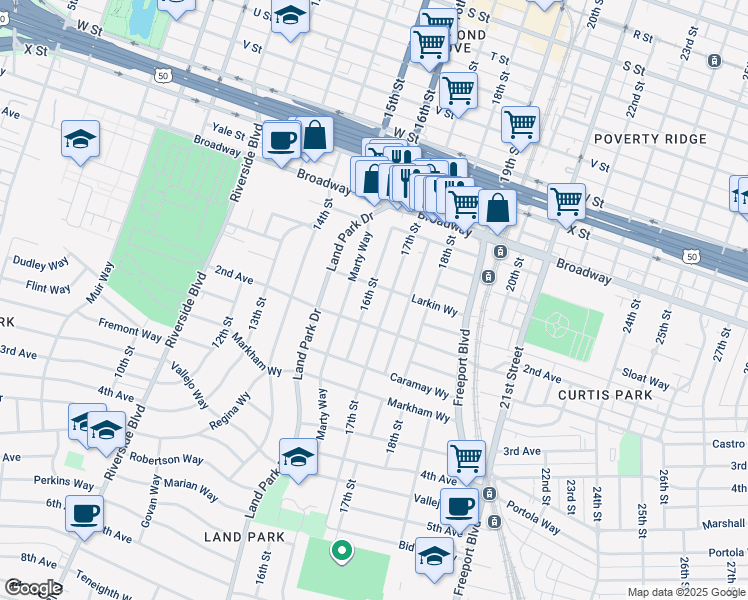 map of restaurants, bars, coffee shops, grocery stores, and more near 2636 17th Street in Sacramento