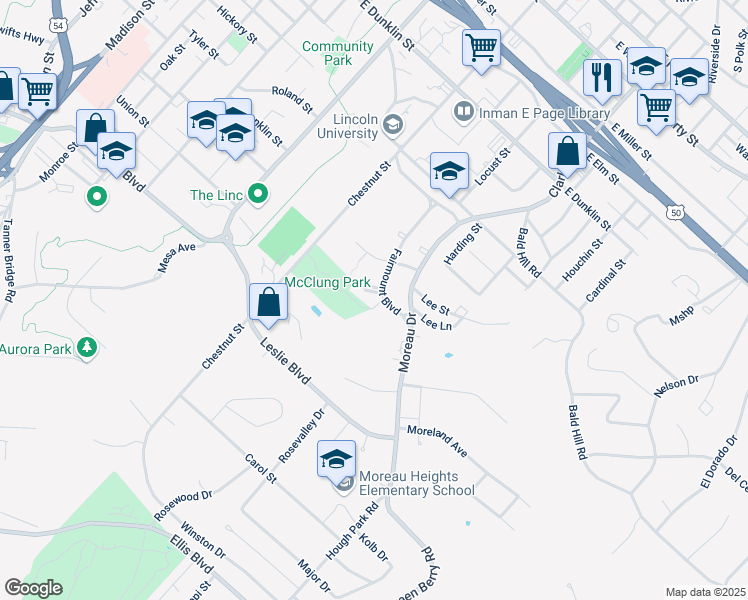 map of restaurants, bars, coffee shops, grocery stores, and more near 1005 Fairmont Court in Jefferson City