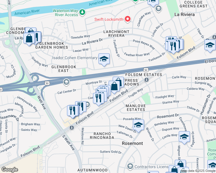 map of restaurants, bars, coffee shops, grocery stores, and more near 9058 Montoya Street in Sacramento