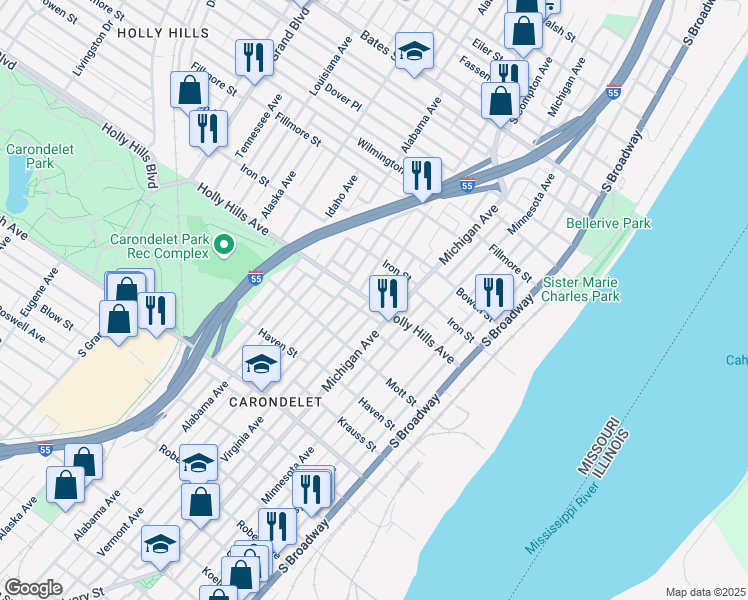 map of restaurants, bars, coffee shops, grocery stores, and more near 6342 Virginia Avenue in St. Louis