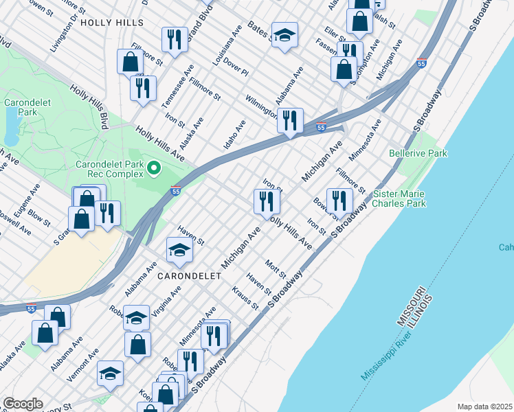 map of restaurants, bars, coffee shops, grocery stores, and more near 6342 Virginia Avenue in Saint Louis