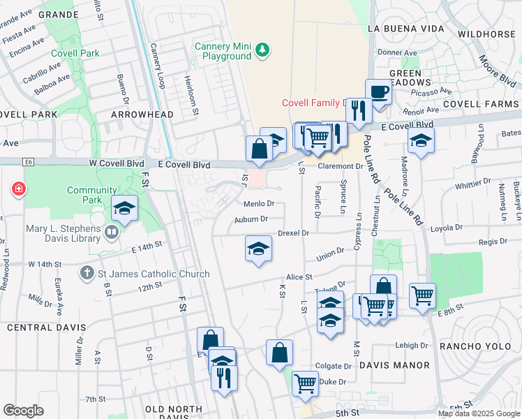map of restaurants, bars, coffee shops, grocery stores, and more near 1208 Menlo Drive in Davis