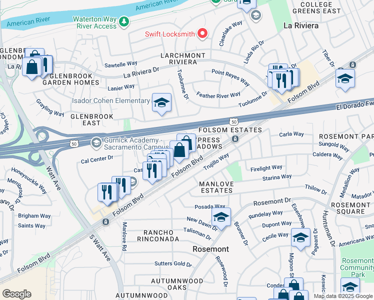 map of restaurants, bars, coffee shops, grocery stores, and more near 9090 Piñata Way in Sacramento