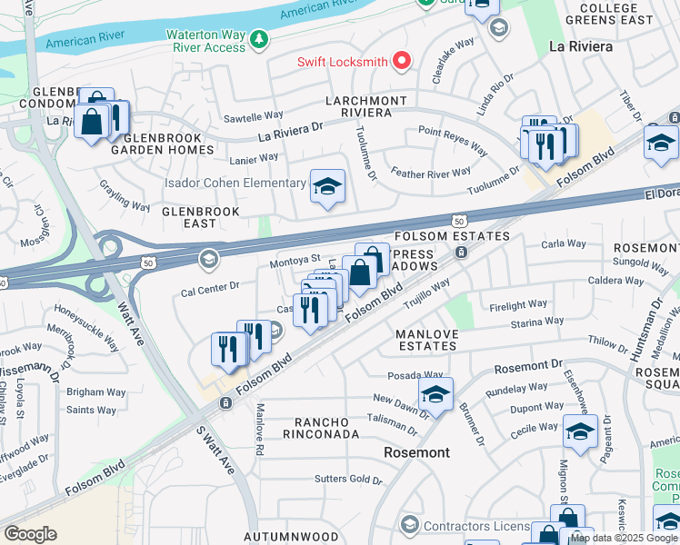 map of restaurants, bars, coffee shops, grocery stores, and more near 9058 Montoya Street in Sacramento