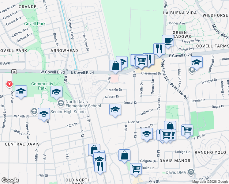 map of restaurants, bars, coffee shops, grocery stores, and more near 1202 Menlo Drive in Davis