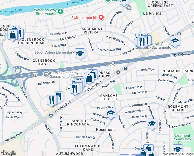 map of restaurants, bars, coffee shops, grocery stores, and more near 2812 Norcade Circle in Sacramento