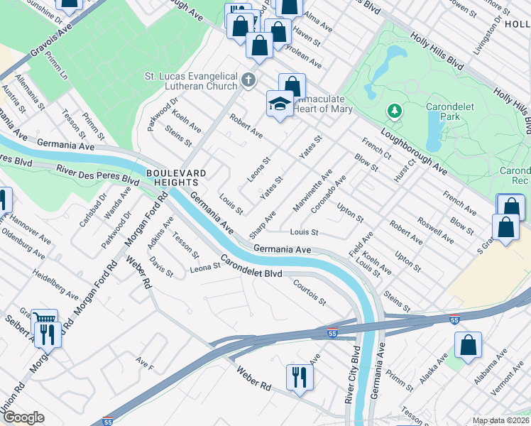 map of restaurants, bars, coffee shops, grocery stores, and more near 7400 Yates Street in St. Louis