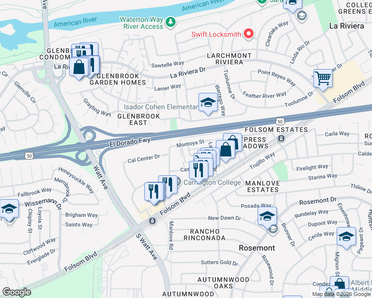 map of restaurants, bars, coffee shops, grocery stores, and more near 9005 Montoya Street in Sacramento