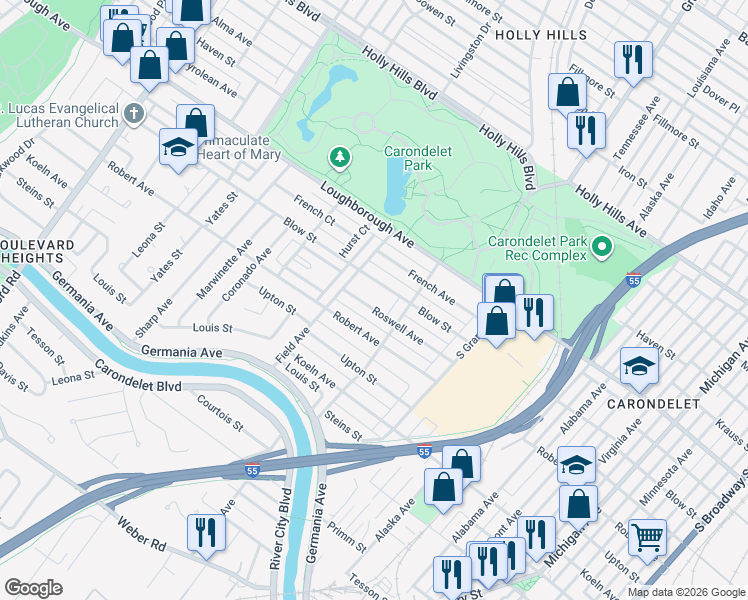 map of restaurants, bars, coffee shops, grocery stores, and more near 3751 Roswell Avenue in St. Louis