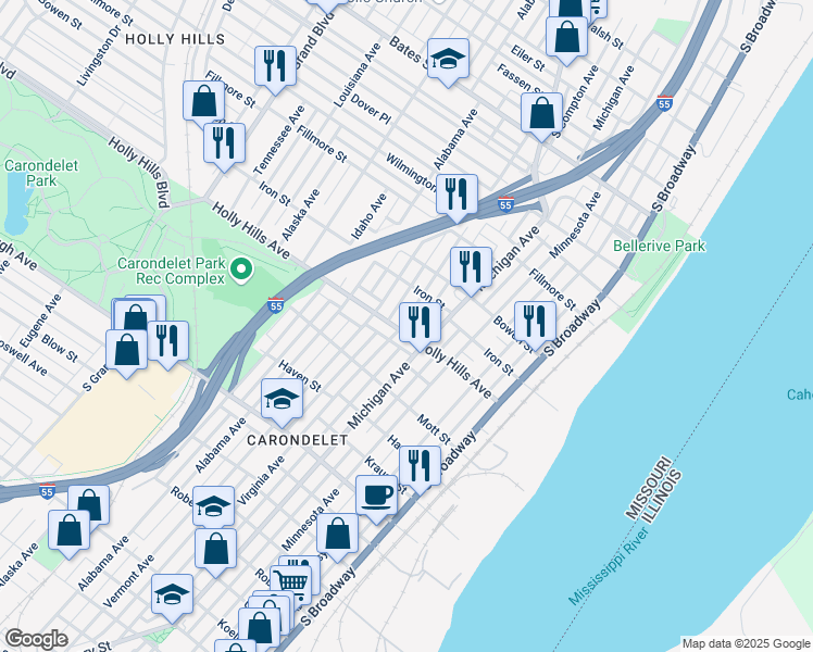 map of restaurants, bars, coffee shops, grocery stores, and more near 6338 Virginia Avenue in St. Louis