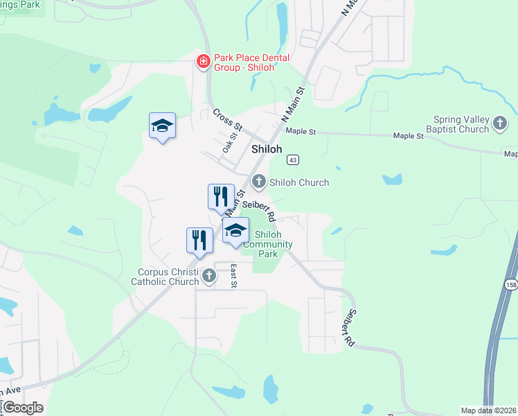 map of restaurants, bars, coffee shops, grocery stores, and more near 7 Park Drive in Shiloh