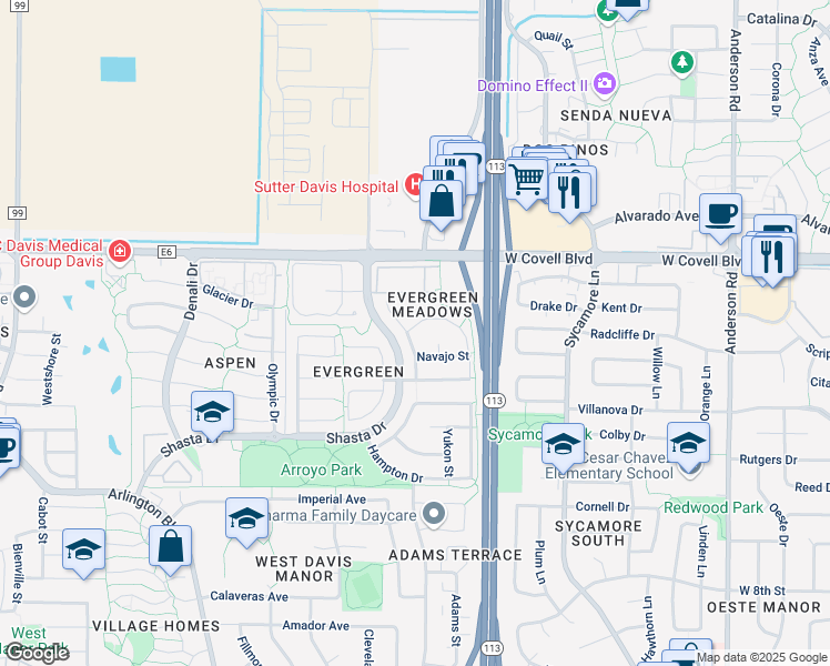 map of restaurants, bars, coffee shops, grocery stores, and more near 1712 Portola Court in Davis