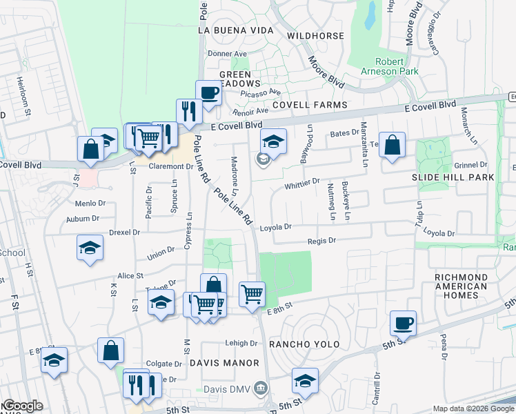 map of restaurants, bars, coffee shops, grocery stores, and more near 1409 Birch Lane in Davis