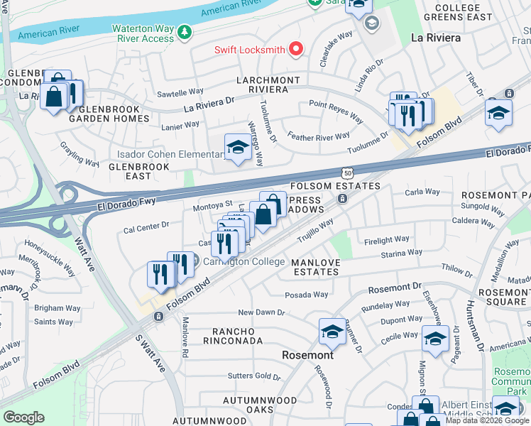 map of restaurants, bars, coffee shops, grocery stores, and more near 9079 Piñata Way in Sacramento