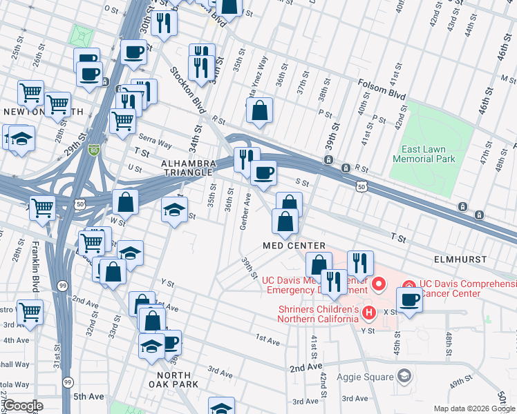map of restaurants, bars, coffee shops, grocery stores, and more near 2040 Stockton Boulevard in Sacramento