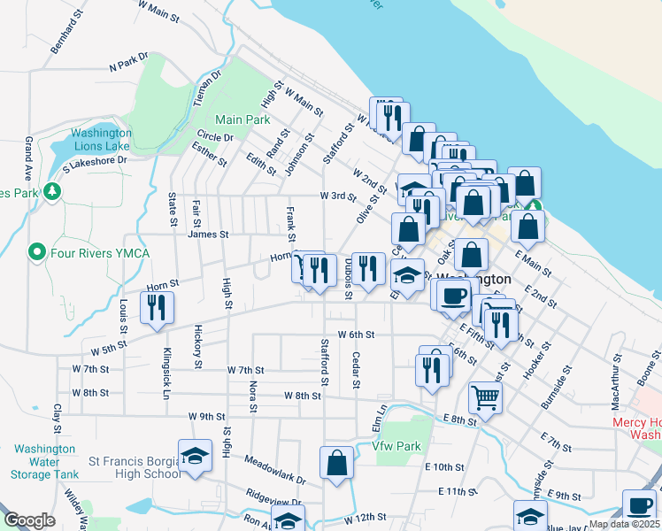 map of restaurants, bars, coffee shops, grocery stores, and more near 516 Horn Street in Washington