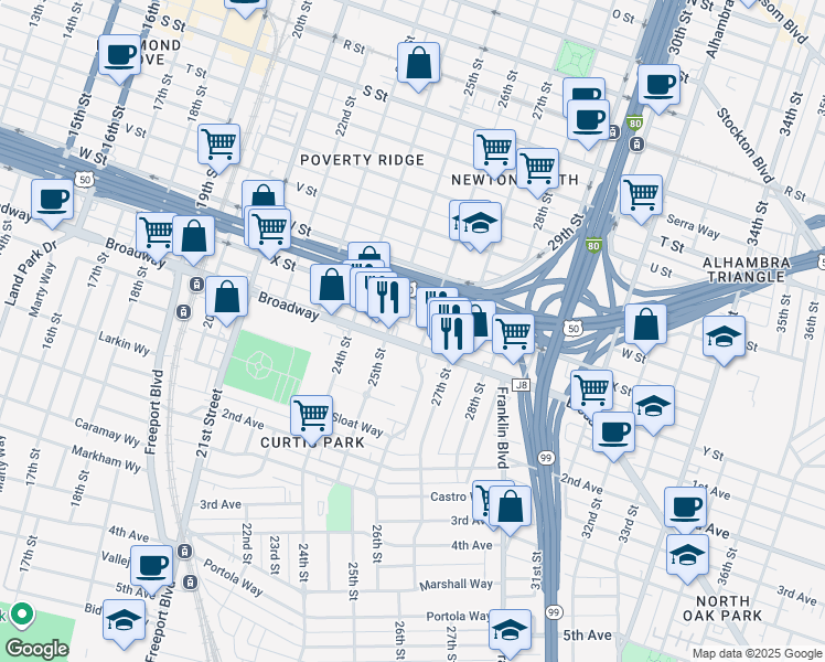 map of restaurants, bars, coffee shops, grocery stores, and more near 2404 26th Street in Sacramento