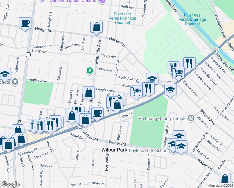 map of restaurants, bars, coffee shops, grocery stores, and more near 5223 Langley Avenue in Affton