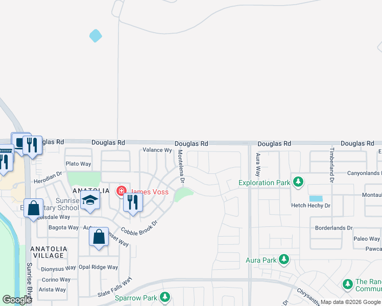map of restaurants, bars, coffee shops, grocery stores, and more near Douglas Road in Rancho Cordova