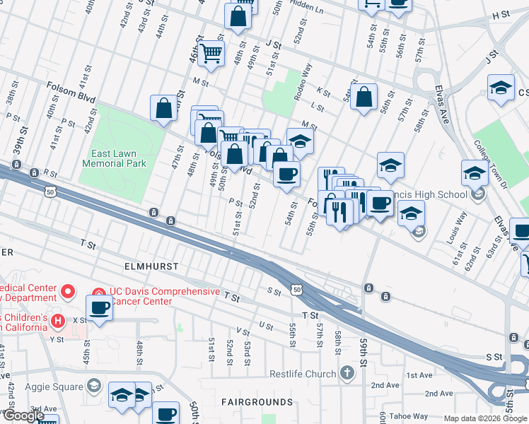 map of restaurants, bars, coffee shops, grocery stores, and more near 1565 52nd Street in Sacramento