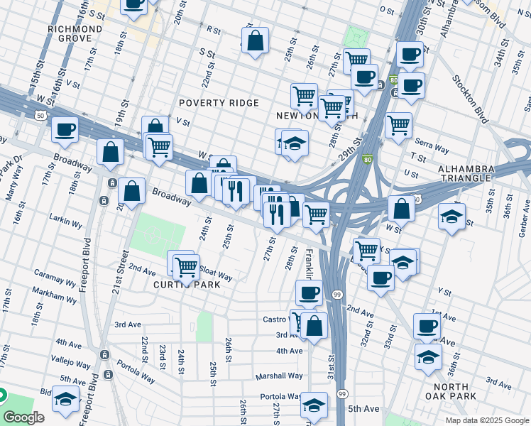 map of restaurants, bars, coffee shops, grocery stores, and more near 2404 26th Street in Sacramento