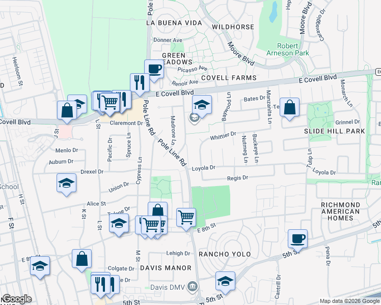 map of restaurants, bars, coffee shops, grocery stores, and more near 1409 Birch Lane in Davis