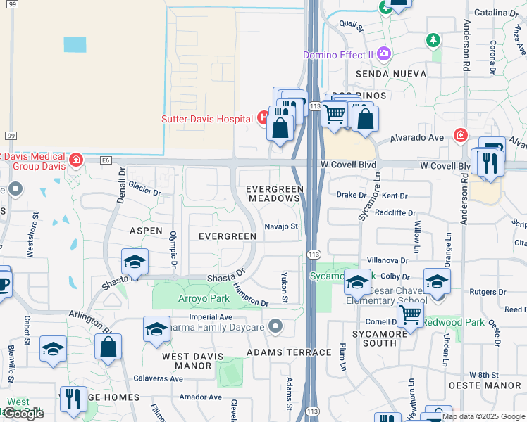 map of restaurants, bars, coffee shops, grocery stores, and more near 1712 Portola Court in Davis