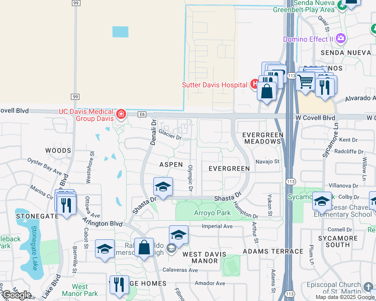 map of restaurants, bars, coffee shops, grocery stores, and more near 1710 Olympic Drive in Davis