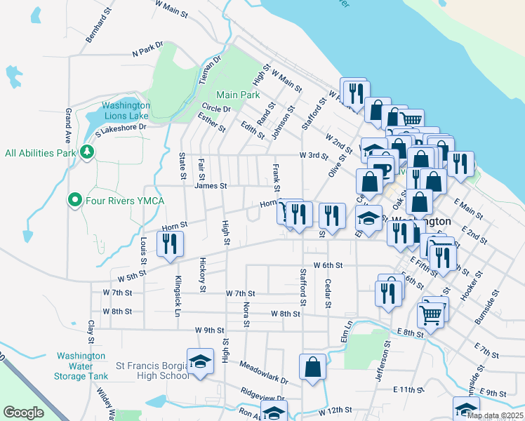 map of restaurants, bars, coffee shops, grocery stores, and more near 707 Horn Street in Washington
