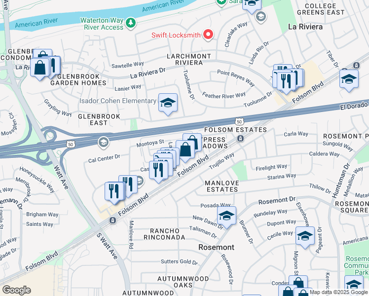 map of restaurants, bars, coffee shops, grocery stores, and more near 9075 Piñata Way in Sacramento