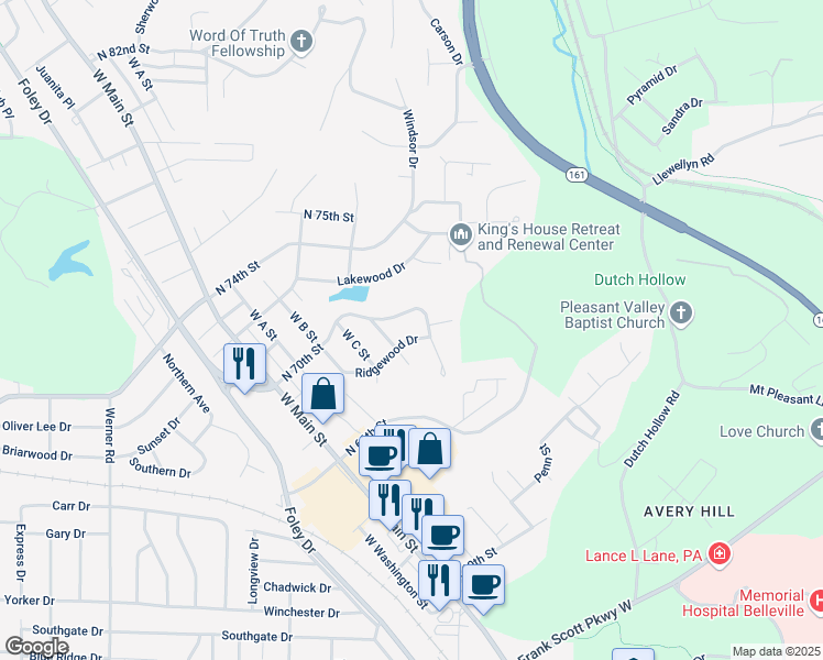 map of restaurants, bars, coffee shops, grocery stores, and more near 40 Lakeview Drive in Belleville