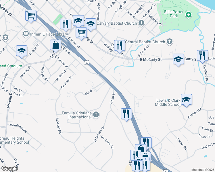 map of restaurants, bars, coffee shops, grocery stores, and more near Rex M Whitton Expressway in Jefferson City