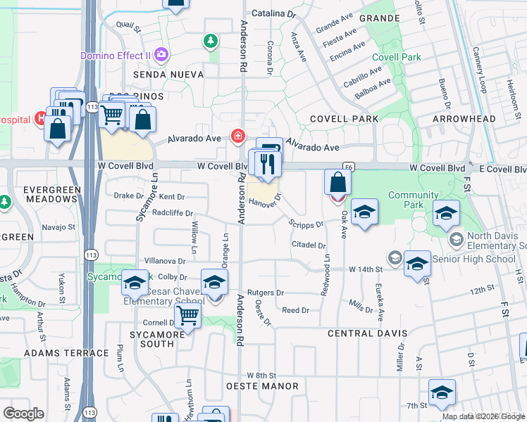 map of restaurants, bars, coffee shops, grocery stores, and more near 1801 Hanover Drive in Davis