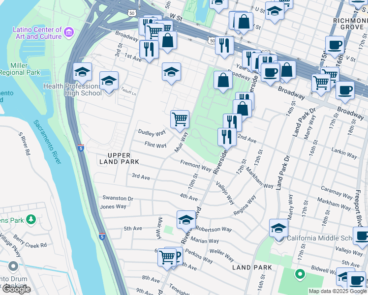 map of restaurants, bars, coffee shops, grocery stores, and more near 801 McClatchy Way in Sacramento