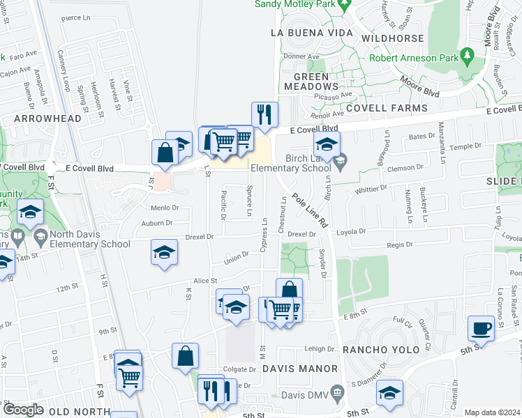 map of restaurants, bars, coffee shops, grocery stores, and more near 1313 Cypress Lane in Davis