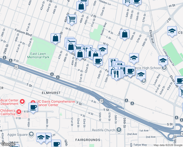 map of restaurants, bars, coffee shops, grocery stores, and more near 1565 52nd Street in Sacramento