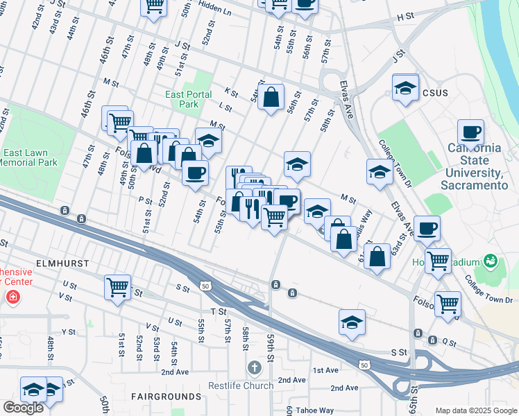 map of restaurants, bars, coffee shops, grocery stores, and more near 1412 57th Street in Sacramento