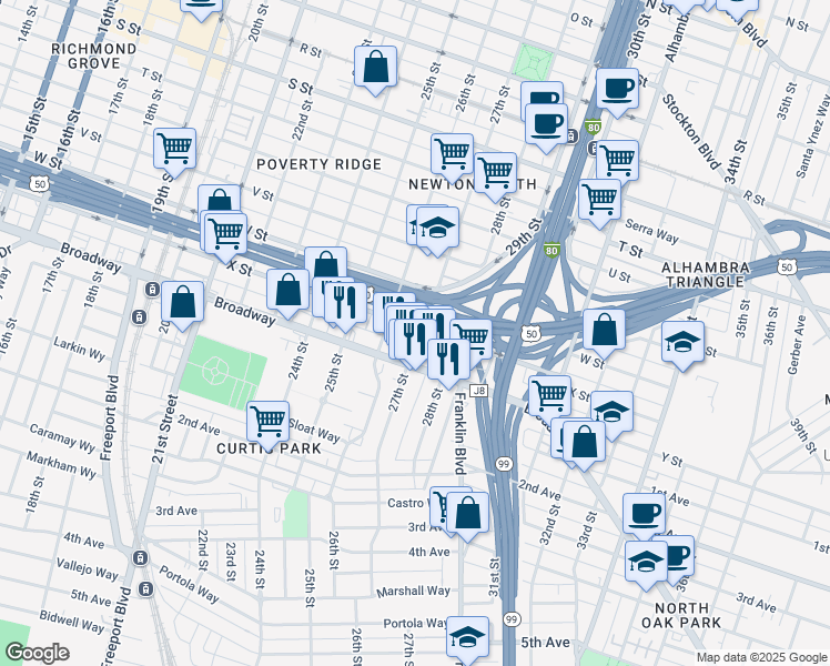 map of restaurants, bars, coffee shops, grocery stores, and more near 2630 X Street in Sacramento
