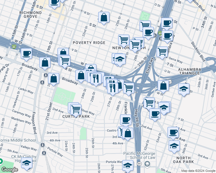 map of restaurants, bars, coffee shops, grocery stores, and more near 2404 26th Street in Sacramento