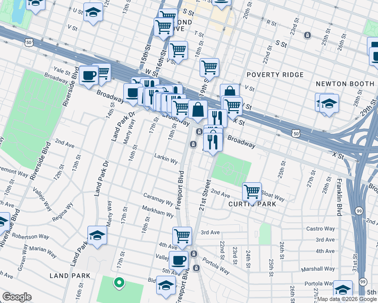 map of restaurants, bars, coffee shops, grocery stores, and more near 1920 Broadway in Sacramento