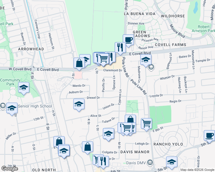 map of restaurants, bars, coffee shops, grocery stores, and more near 1410 Pacific Drive in Davis