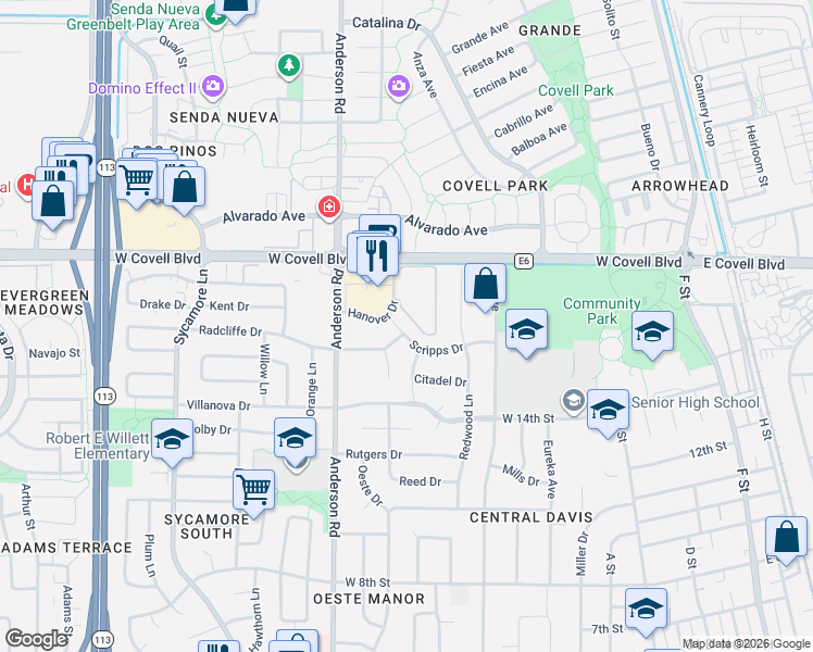 map of restaurants, bars, coffee shops, grocery stores, and more near 1801 Hanover Drive in Davis