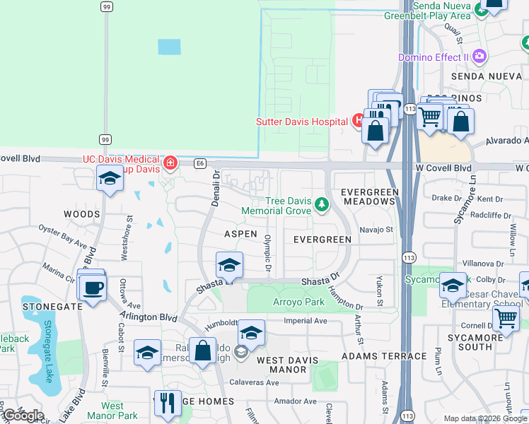 map of restaurants, bars, coffee shops, grocery stores, and more near 1710 Olympic Drive in Davis