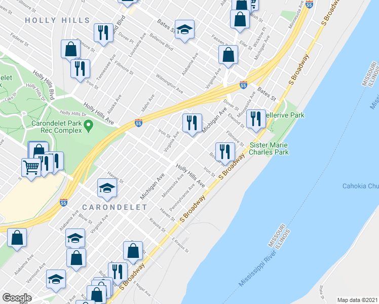 map of restaurants, bars, coffee shops, grocery stores, and more near 6212 Michigan Avenue in St. Louis