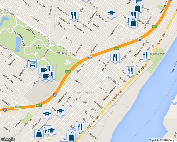 map of restaurants, bars, coffee shops, grocery stores, and more near 612 Holly Hills Avenue in St. Louis