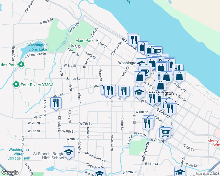 map of restaurants, bars, coffee shops, grocery stores, and more near 614 Horn Street in Washington